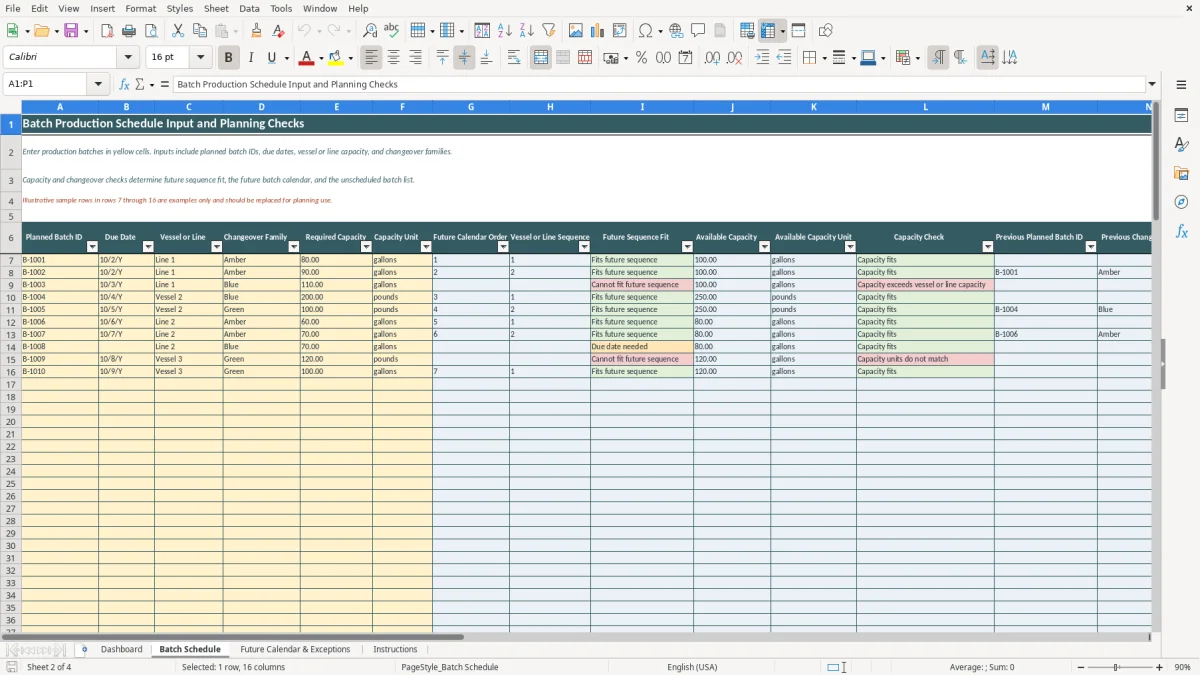 Authentic preview of the Batch Schedule sheet in Batch Production Schedule Excel Template