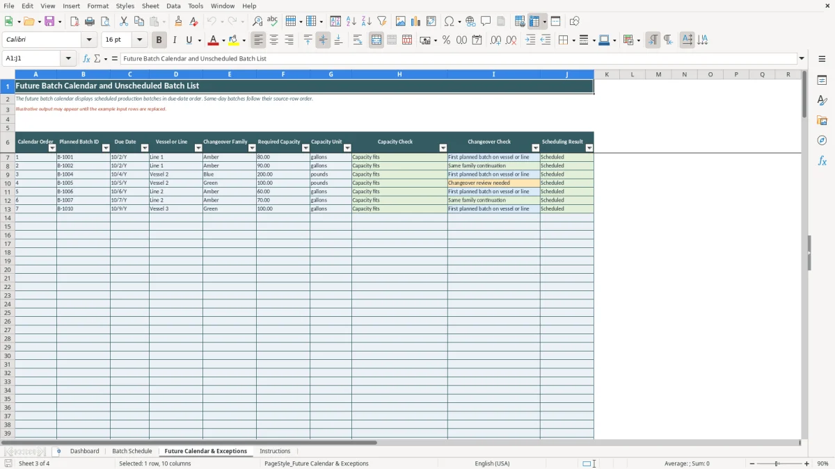 Authentic preview of the Future Calendar & Exceptions sheet in Batch Production Schedule Excel Template