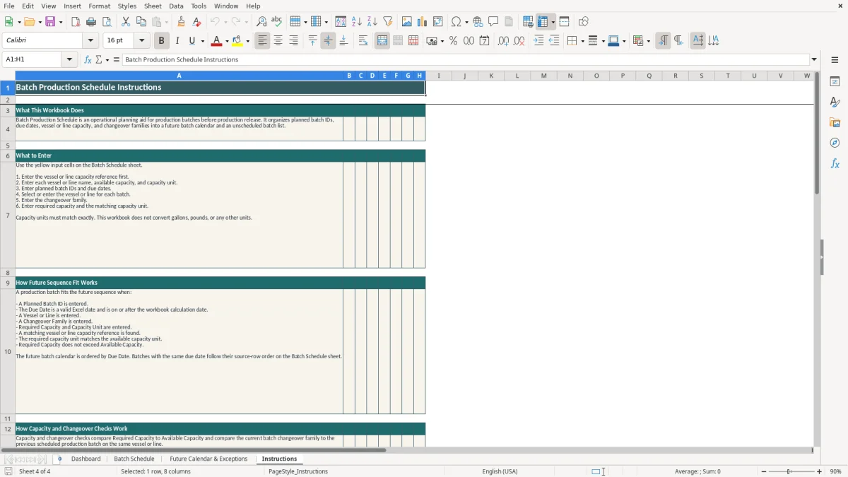 Authentic preview of the Instructions sheet in Batch Production Schedule Excel Template