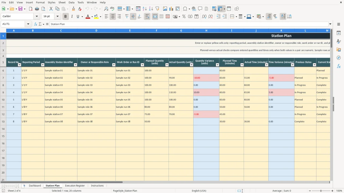 Authentic preview of the Station Plan sheet in Production Line Balance Excel Template