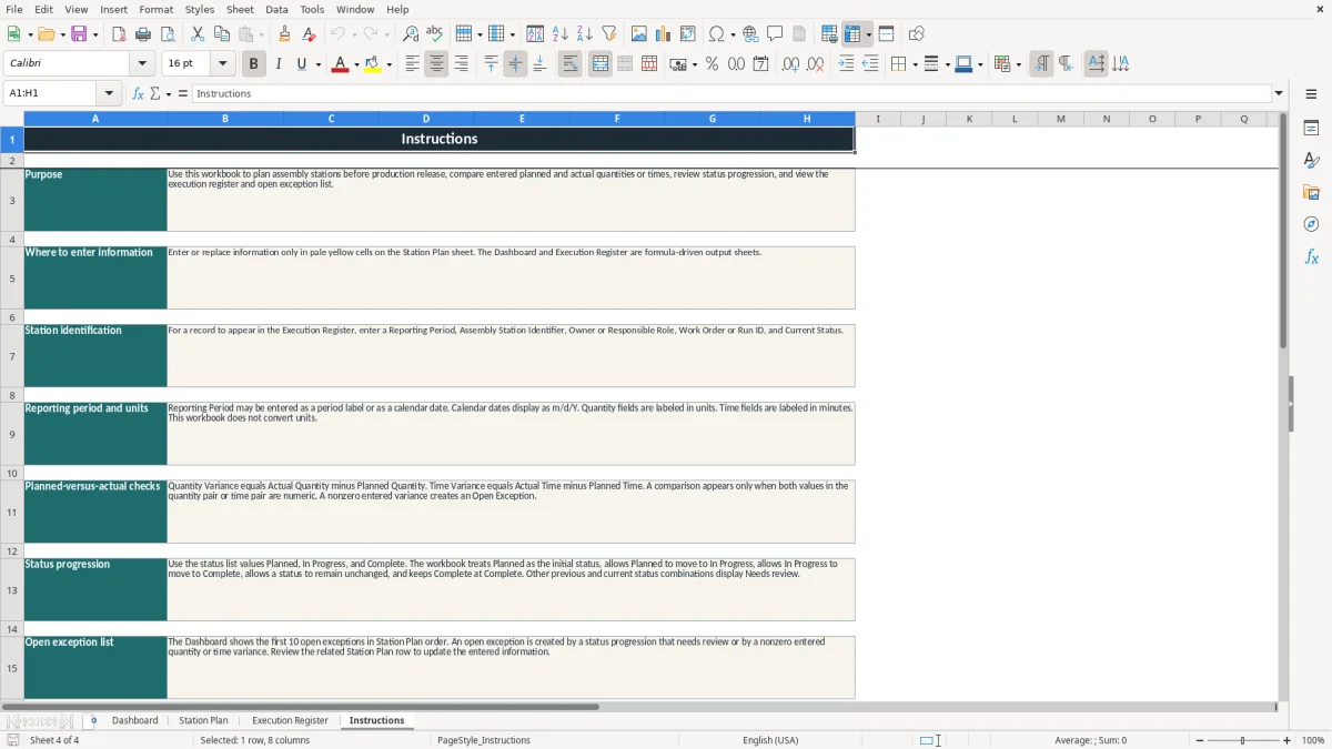 Authentic preview of the Instructions sheet in Production Line Balance Excel Template