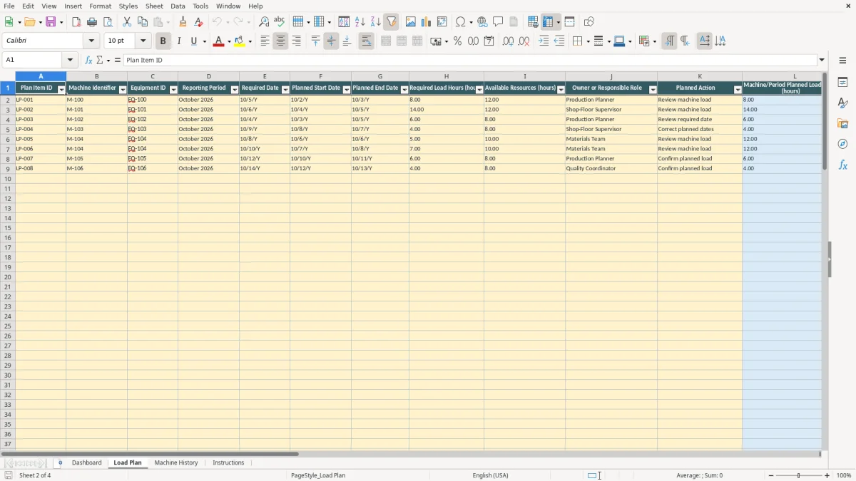 Authentic preview of the Load Plan sheet in Machine Load Plan Excel Template