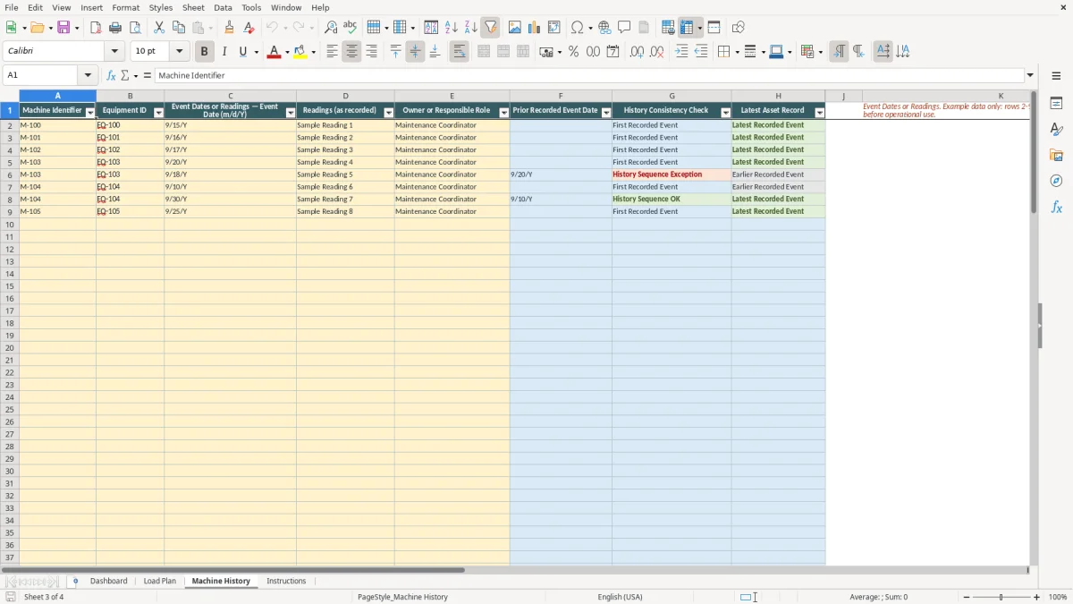 Authentic preview of the Machine History sheet in Machine Load Plan Excel Template