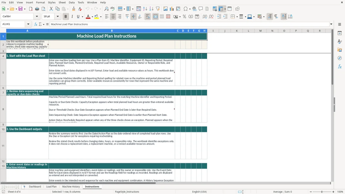 Authentic preview of the Instructions sheet in Machine Load Plan Excel Template