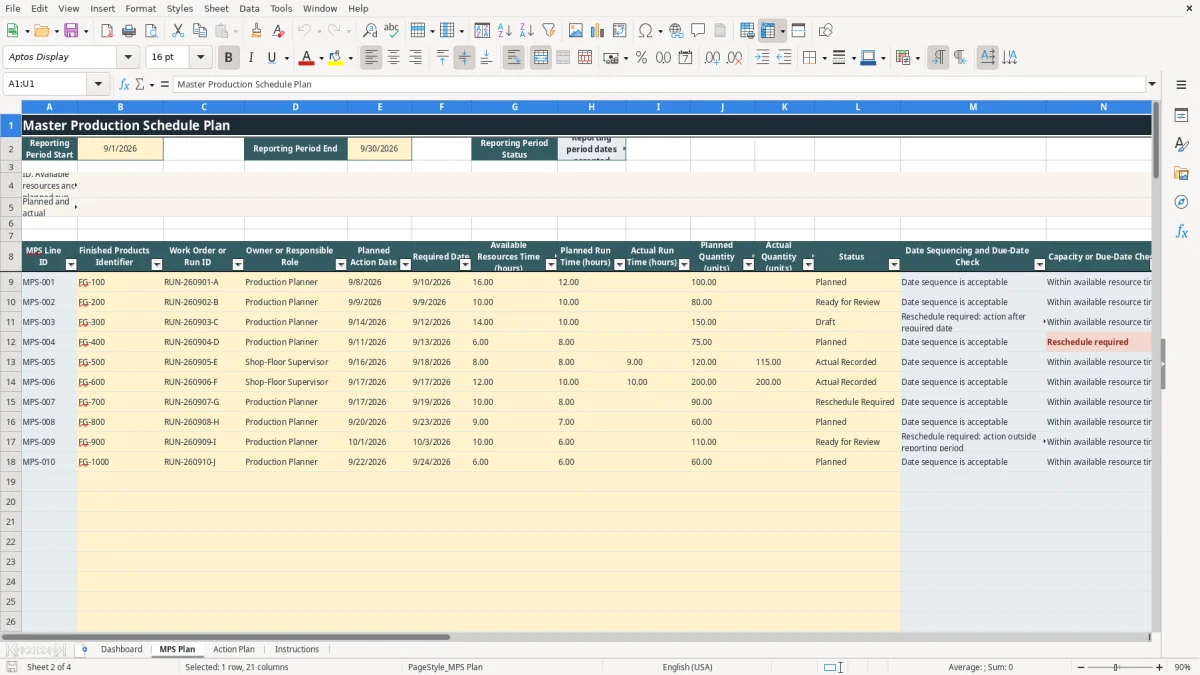 Authentic preview of the MPS Plan sheet in Master Production Schedule Excel Template