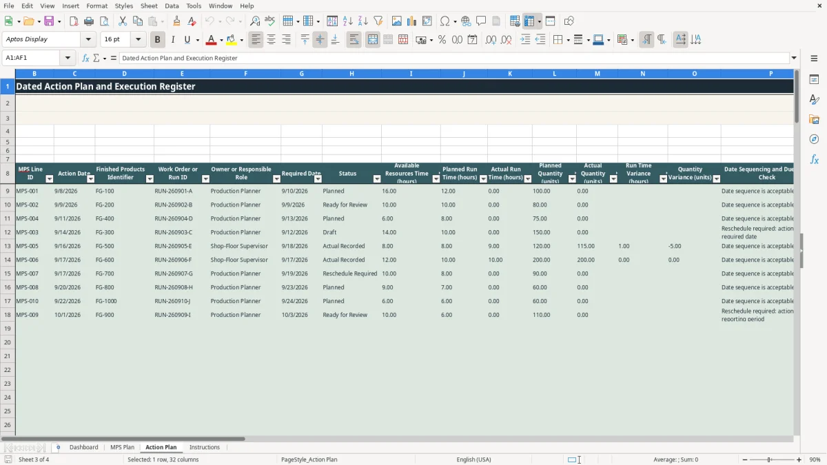 Authentic preview of the Action Plan sheet in Master Production Schedule Excel Template