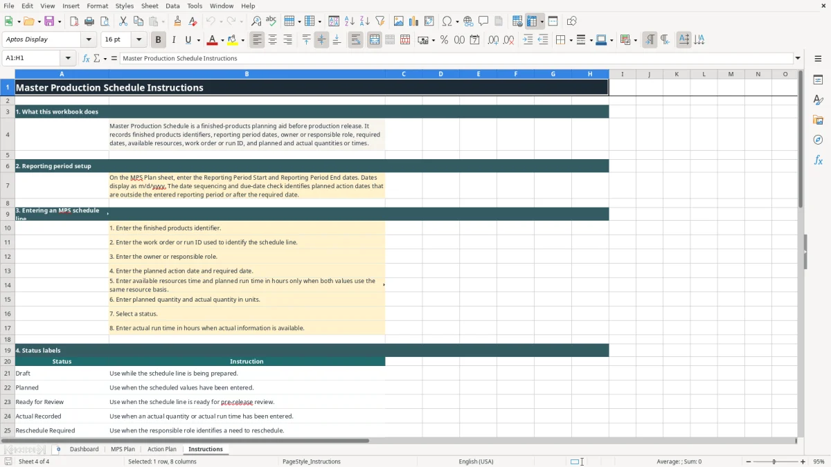 Authentic preview of the Instructions sheet in Master Production Schedule Excel Template