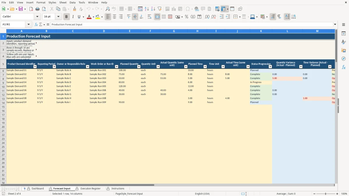 Authentic preview of the Forecast Input sheet in Production Forecast Excel Template