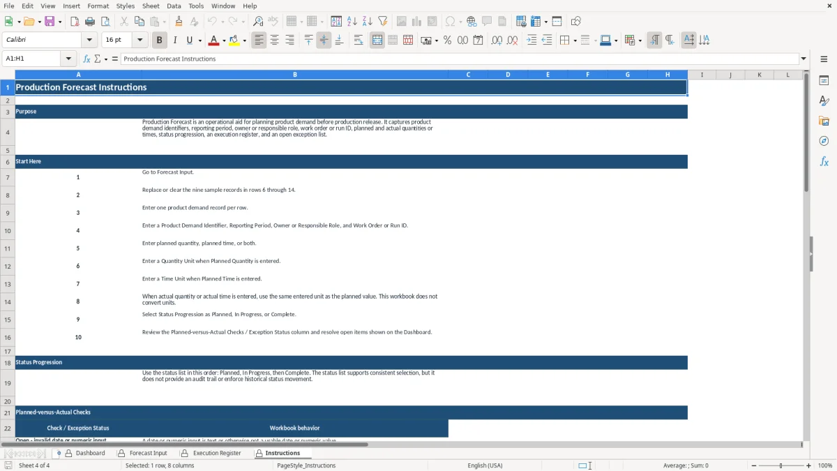 Authentic preview of the Instructions sheet in Production Forecast Excel Template