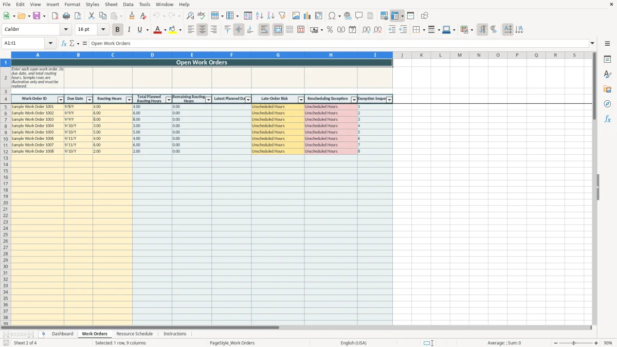 Authentic preview of the Work Orders sheet in Production Schedule Excel Template
