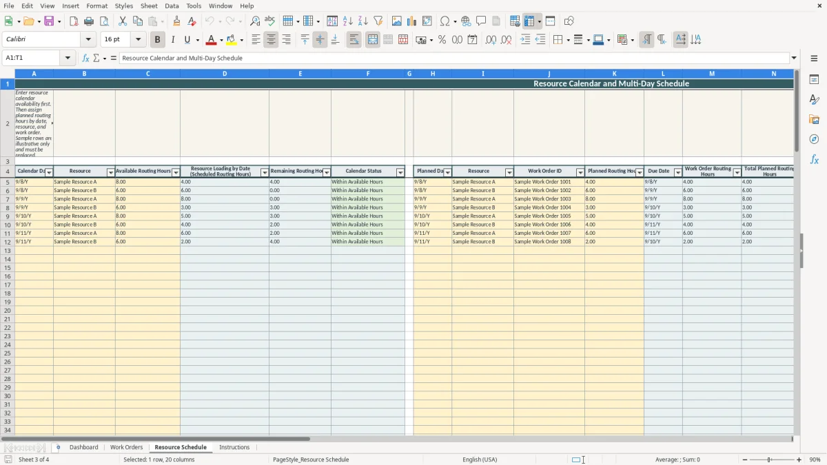 Authentic preview of the Resource Schedule sheet in Production Schedule Excel Template