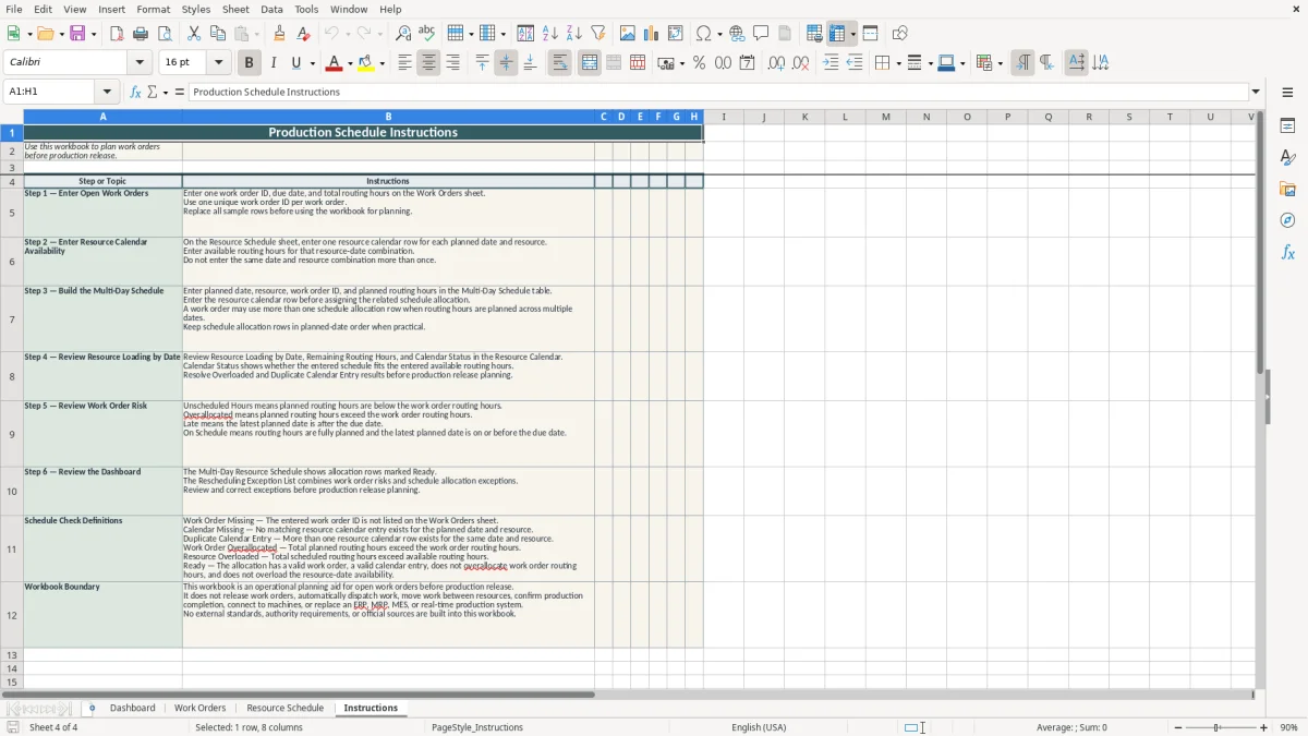 Authentic preview of the Instructions sheet in Production Schedule Excel Template