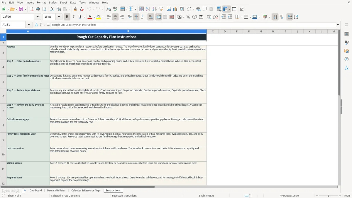 Authentic preview of the Instructions sheet in Rough-Cut Capacity Plan Excel Template